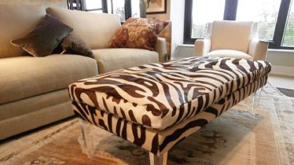 Clear acrylic legs set off Lee Industries new Hair on Hyde zebra dyed bench.