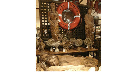 Blue Ocean Trading Company had vintage life preservers from old Eastern
European vessels as well as reproduction mermaids.