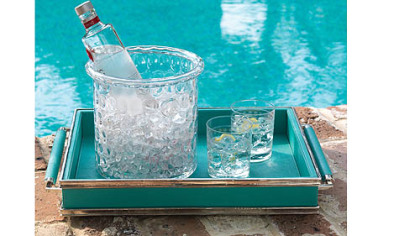 Aquamarine leather serving tray with nickle accents.
