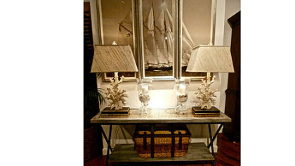 Barclay Butera coral lamps and console.