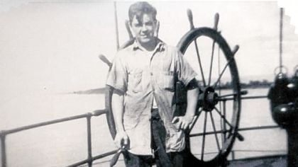 Gerald Driscoll aboard the S.S. Fisher Hill, a tanker, during World War II.