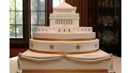 This cake depicting Soldiers & Sailors Memorial Hall in Oakland was created == using actual blueprints -- by Nancy Becker, left, of Madison Ave Specialty Cakes.