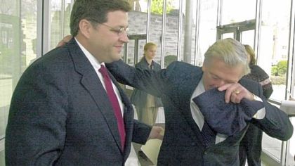 Retired U.S. Rep. Bud Shuster, right, congratulates his son, Bill, in 2001 for clinching the Republican nomination to fill the elder Mr. Shuster's 9th District seat. Bill Shuster will follow in his father's footsteps again if he is named chairman of the House Transportation and Infrastructure Committee.