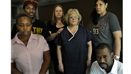 From left to right: Jamie Hopson, Chaney Lewis, Kathy Cabbagestalk, Jean Williams, Tina Tucker and Mallory Jemison are UPMC employees with jobs that are not unionized. They are part of a movement to form a union.