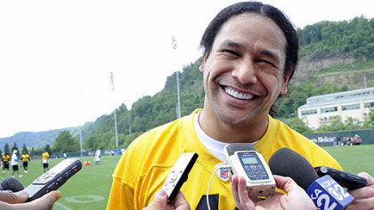 Troy Polamalu answers questions on the first day of organized team activities at the Steelers' South Side facility.
