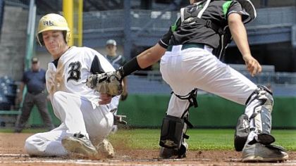 Allderdice catcher Brennan Hoffer tags out Brashear's Adam Lynch as Lynch tried to steal home in the first inning of the City League Baseball championship last Thursday at PNC Park.