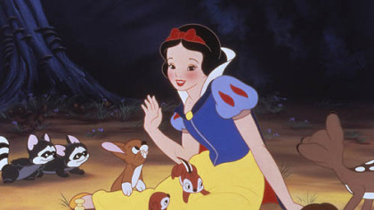 Having lost her way in the forest, Snow White is befriended by animals in this scene from Walt Disney's first animated cartoon feature, "Snow White and the Seven Dwarfs."