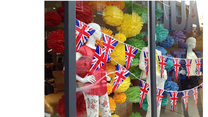 A shop window in London's Belgravia neighborhood decorated for the Jubilee.