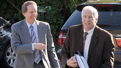 Jerry Sandusky, right, and his attorney, Joe Amendola, arrive Wednesday at the Centre County Courthouse for the second day of jury selection.
