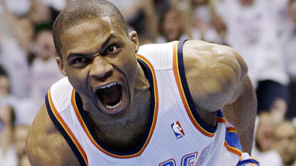 Oklahoma City Thunder point guard Russell Westbrook celebrates after dunking in the first quarter Wednesday against San Antonio.