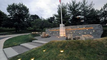 The newly dedicated veterans memorial in Mt. Lebanon includes an obelisk inscribed with the names of Mt. Lebanon residents who died in the service during World War I, World War II and the Vietnam War.
