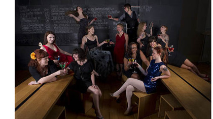 Front three from left Erika Joyner, Sarah Williams, Maggie Meskey, top back April Diehl, Heather Perkins (seated below), Raelynn Harshman (in red), Allie Contreras (on ladder), front three from left Nicole Tebbets, Kiersten Schilinski, Jessica Keyser (in blue) and back pair from left Summer Voelker and Melissa Schafer.