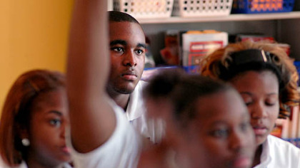 Mastery at Shoemaker freshman Andrew Faulkner listens during class. Shoemaker is located in west Philadelphia.