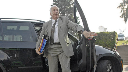 Jerry Sandusky arrives Monday morning for the beginning of his trial at the Centre County Courthouse in Bellefonte.