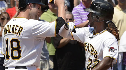 The Pirates' Andrew McCutchen, right, crushed a 1-2 fastball from Bruce Chen for a line-drive home run to left field in the third inning, scoring Neil Walker.