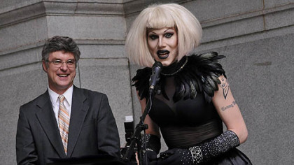 After having a proclamation read in City Council proclaiming June 12, 2012 as Sharon Needles Day in Pittsburgh, Needles speaks on the portico of the City-County Building before performing for her fans,. At left is Councilman Patrick Dowd, who sponsored the proclamation.