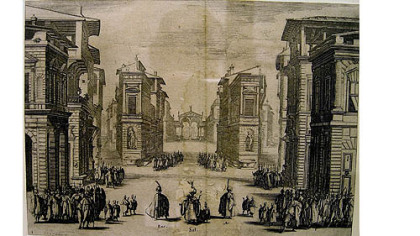 In 1620, while living in Italy, French artist Jacques Callot made this print of a scene from Act I of a play called "Suleiman the Magnificent."