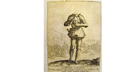 Jacques Callot made this etching of Saint Livarius around 1624. In the background is a scene of the saint's beheading, attended by an army of Huns.