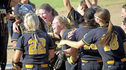 Montour teammates celebrate their win against Elizabeth Forward in the WPIAL Class AAA championship in May.