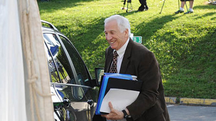 Former Penn State University assistant football coach Jerry Sandusky arrives for the fourth day of his trial at the Centre County Courthouse.