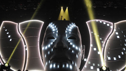 Avicii atop a large head display Thursday at Consol Energy Center.