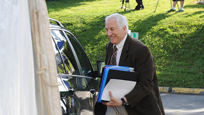 Former Penn State University assistant football coach Jerry Sandusky arrives for the fourth day of his trial at the Centre County Courthouse.