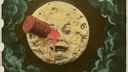 The rocket to the eye of the man in the moon is the  iconic image from Georges Melies' 1902 film "A Trip to the Moon."