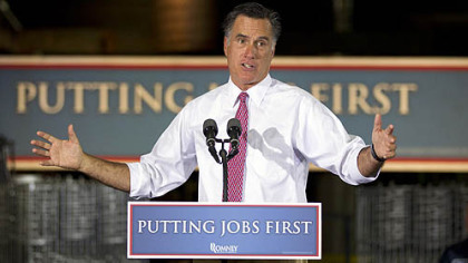 Republican presidential candidate, former Massachusetts Gov. Mitt Romney gestures Thursday during a campaign stop at Seilkop Industries in Cincinnati, Ohio.