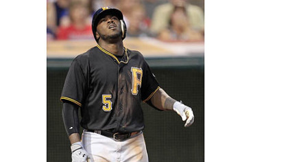 Josh Harrison reacts after being hit by a pitch from Cleveland Indians starting pitcher Justin Masterson in the seventh inning Friday at Progressive Field.