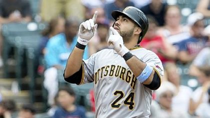 Pedro Alvarez touches home plate after hitting his second three-run home run against the Indians in the sixth inning Sunday at Progressive Field in Cleveland.