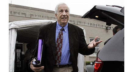 Former Penn State University assistant football coach Jerry Sandusky leaves the Centre County Courthouse today.
