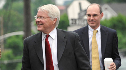 Senior deputy attorney general and lead prosecutor Joe McGettigan, left, and deputy attorney general Frank Fina enter the Centre County Courthouse on Monday.
