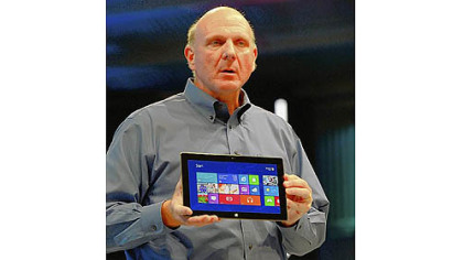 Microsoft CEO Steve Ballmer shows the Surface tablet Monday during a news conference in Los Angeles.