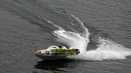 The Superstock P1 turns after the news conference for the upcoming EQT Pittsburgh Three Rivers Regatta, to be held June 30 through July 4. Andrew Biddle is the driver.