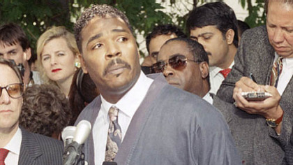 The May 1, 1992, news conference in Los Angeles where Rodney King asked, as the city was engulfed by riots, "People, I just want to say, you know, can we all get along? Can we get along?"