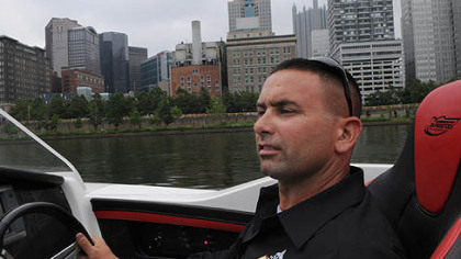Andrew Biddle  drives the Superstock P1 after the press conference for the upcoming EQT Pittsburgh Three Rivers Regatta.