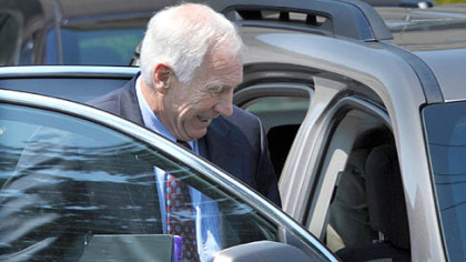 Jerry Sandusky leaves the Centre County Courthouse after the defense rested on the seventh day of testimony in today.