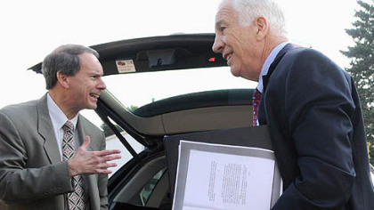 Attorney Joe Amendola, left, and Jerry Sandusky arrive on Wednesday morning at the Centre County Courthouse.