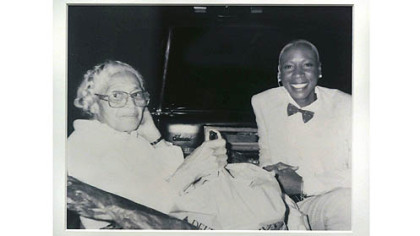 A photograph of Rosa Parks, left, with Brenda Tate on display at the "Strength in the Struggle: Civil Rights" exhibit at the August Wilson Center for African American Culture.