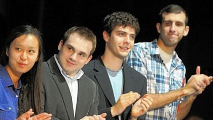 The Steeltown Film Factory held its third annual script-writing contest and announced the winners Saturday at Carnegie Mellon University. Third-place finalists were, left to right, Anthony Poremski and Scott Peters for "Escape from St. Quentin's"; second-place went to Chris Preksta for his "Echo Torch."