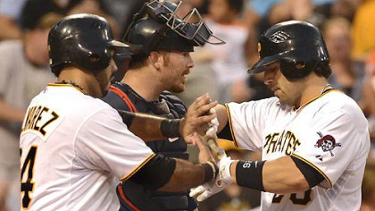 The Pirates' Rod Barajas is congratulated at home by Pedro Alvarez after hitting a two run homer in the 6th inning against the Twins.