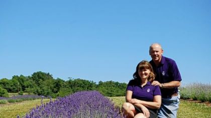 Nancy and James Cameron pose at Destiny Hill Farm, which has been in her family since 1941. The niche farm boasts more than 5,000 lavender plants in 17 varieties.