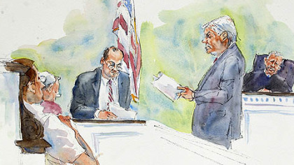In this courtroom sketch, Judge John Cleland, right, listens as prosecutors Joseph McGettigan III, second from right, and Frank Fina, third from right, re-create the testimony of former Penn State assistant football coach, Mike McQueary, for the jury, seated at left.