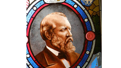 Stained glass window with image of President James Garfield, the 20th president, who was fatally wounded a few months after taking office.
