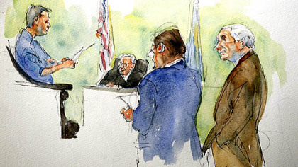 In this courtroom sketch, Judge John Cleland, second from left; defendant  former Penn State assistant football coach Jerry Sandusky, right; and his lawyer Karl Rominger, second from right, listen as the verdict is read.