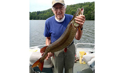 With few weed beds in the lake, Ray Bauder, 97, of Portersville caught his musky trolling deep near a submerged roadbed.