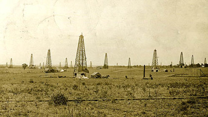 This postcard, postmarked Sept. 4, 1913, shows oil fields in Drumright, Okla. The photo is part of the Devon/Dunning Petroleum Industry Collection.
