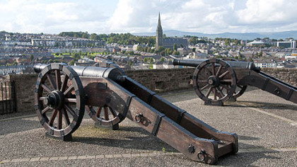 Cannons sit above an old garrison in Derry, Northern Ireland. Once the center of strife and violence, Derry is rebranding itself as a cultural, historic and tourist destination.