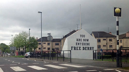 This slogan marks Free Derry Corner in the Bogside neighborhood of Derry, where Catholic residents rioted against police in 1969 at the start of a decades-long stretch of sectarian violence known as "The Troubles."