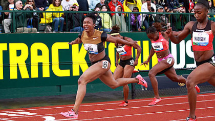 Carmelita Jeter wins the 100-meter final to secure her Olympic spot.